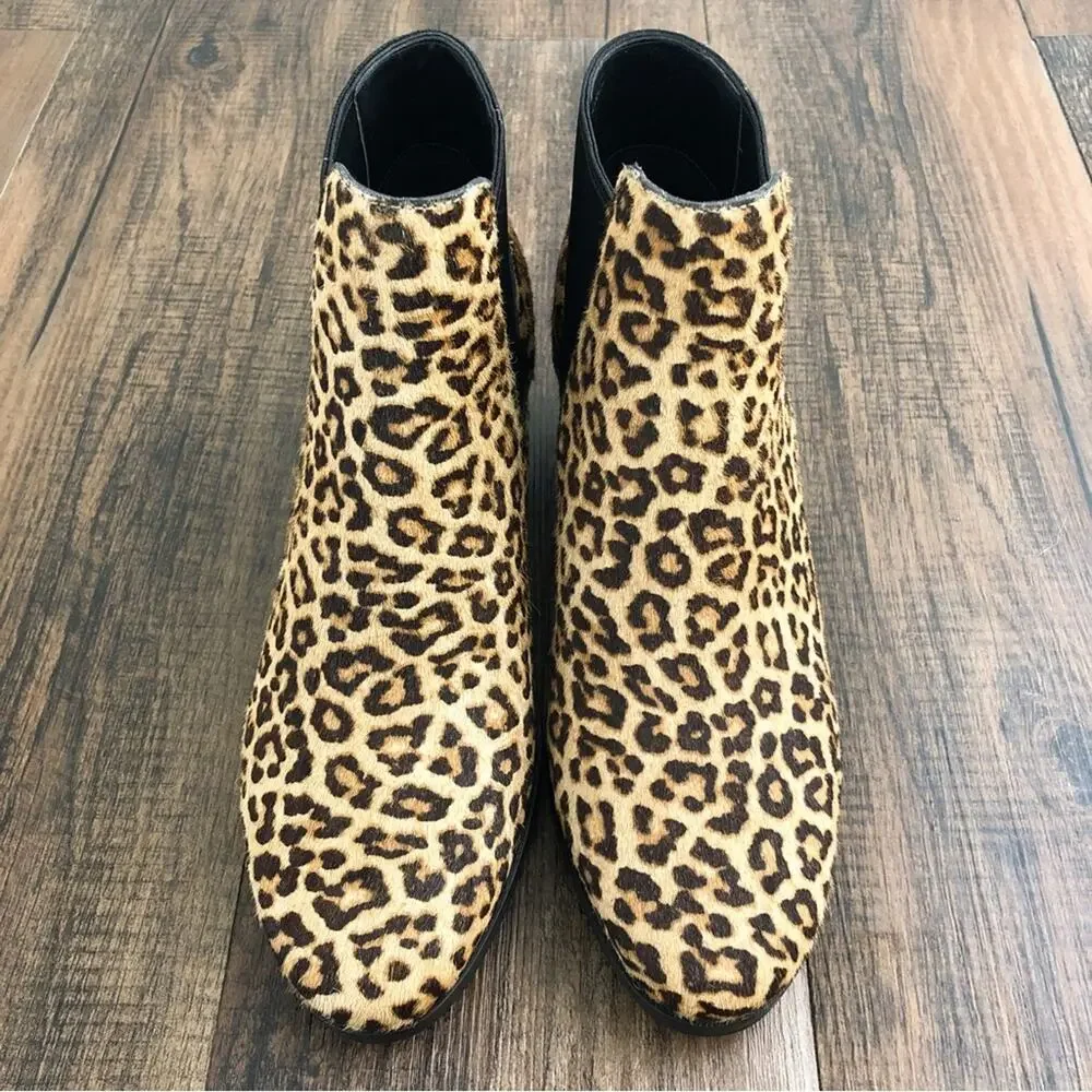 Cole Haan Ankle Bootie Leopard Print Pull On Boot Dyed Calf Hair Size 5.5